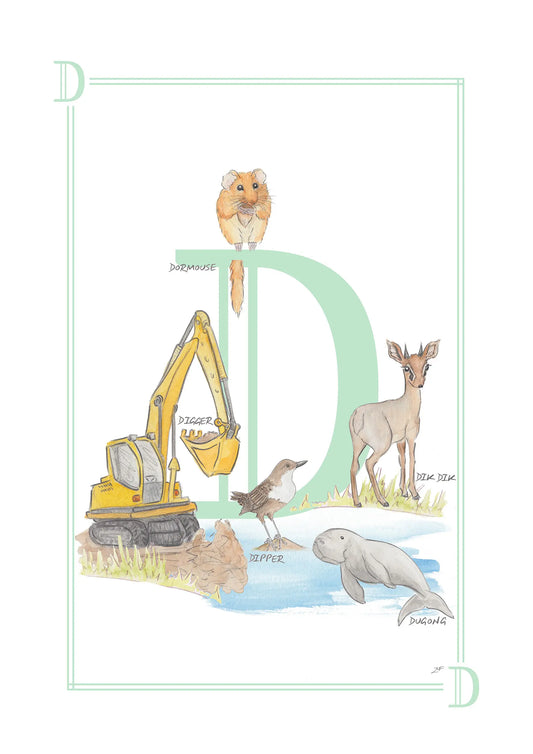 Personalised Children's Letter D - Animal Art Print