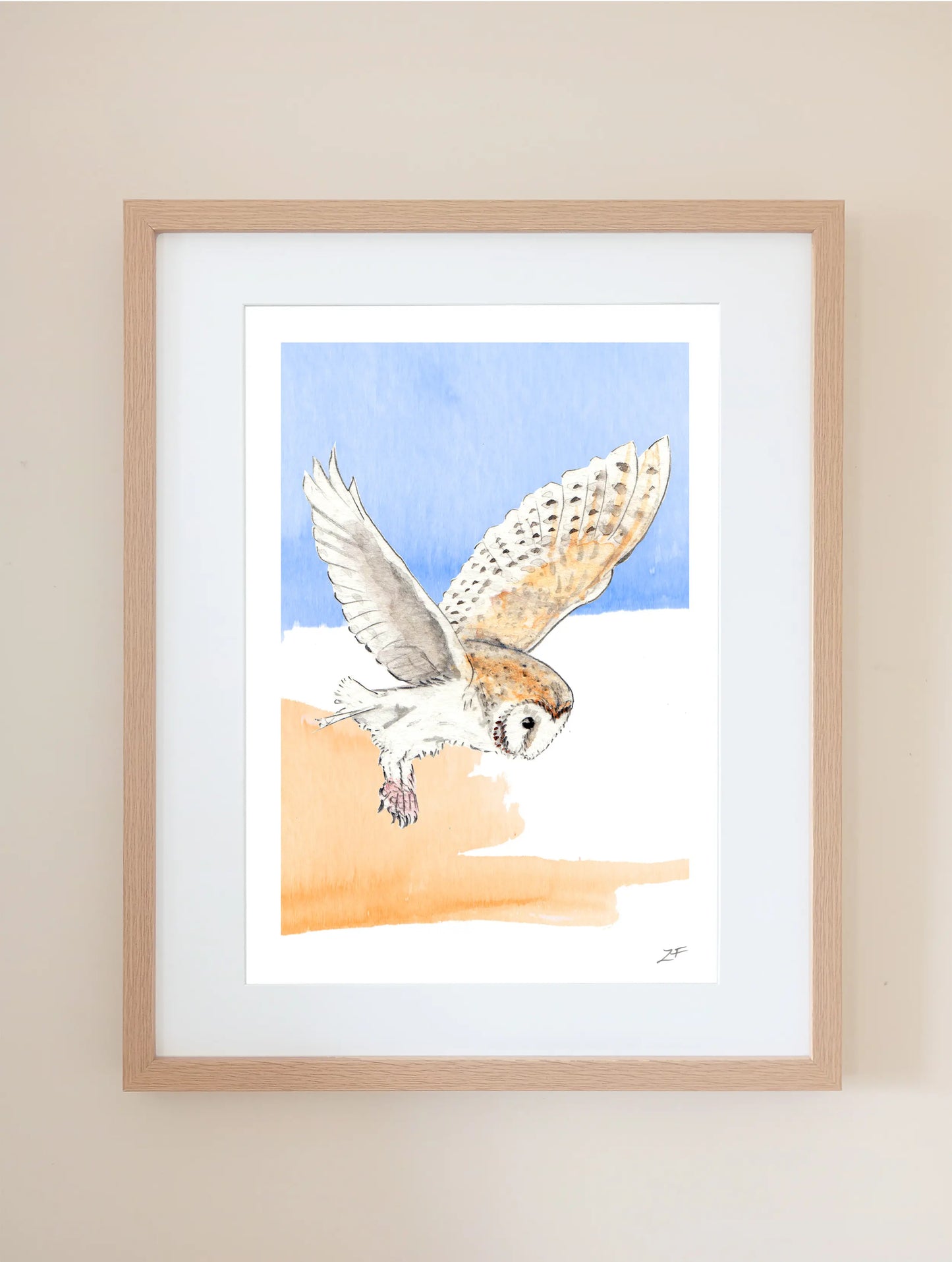 ZF Design Framed Barn Owl flying with abstract sky. Illustrative UK Art Print