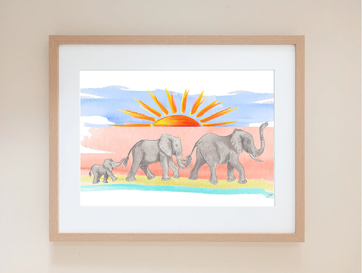Framed Art print of three elephants walking with a brilliant bright sun behind by Zoe Hopgood at ZF Designs. UK artist. Giclee Print. UK made. 