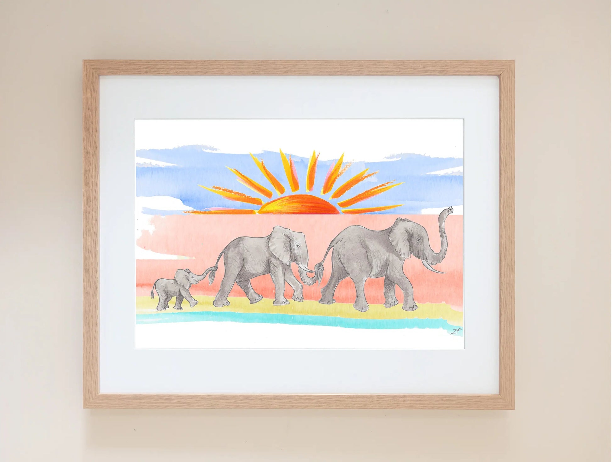Framed Art print of three elephants walking with a brilliant bright sun behind by Zoe Hopgood at ZF Designs. UK artist. Giclee Print. UK made. 