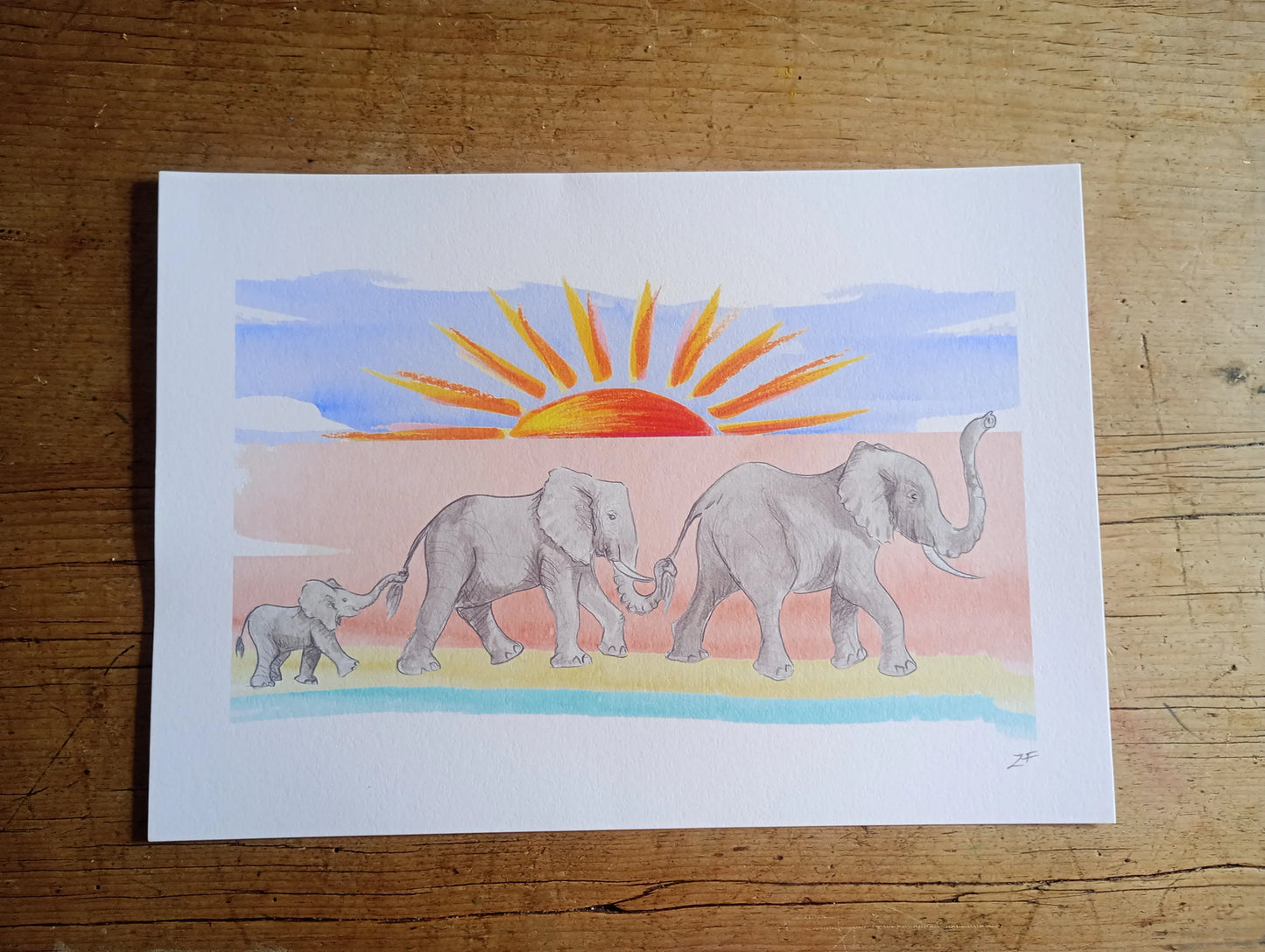 'Follow the Leader' Elephant Art Print A4