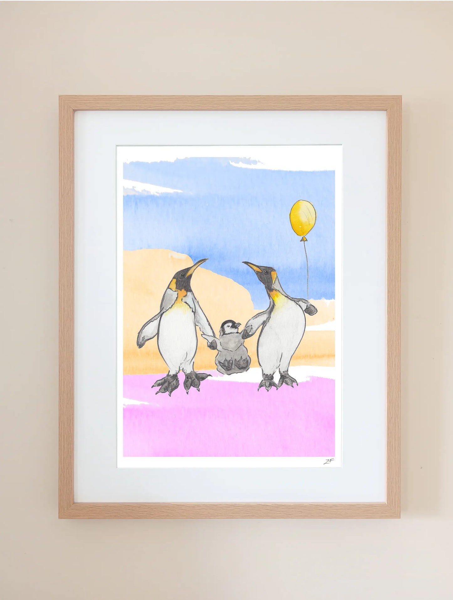 Colourful children's penguin art print. Family of three penguins. Adult penguins swinging baby penguin holding yellow balloon. Made in UK
