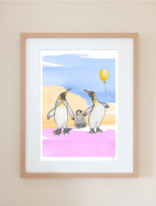 Colourful children's penguin art print. Family of three penguins. Adult penguins swinging baby penguin holding yellow balloon. Made in UK