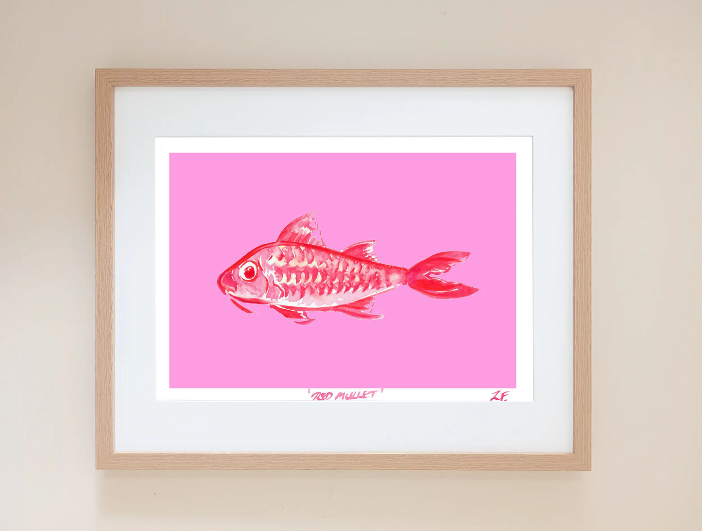 Red Mullet Fish print on bright pink background. UK made art.