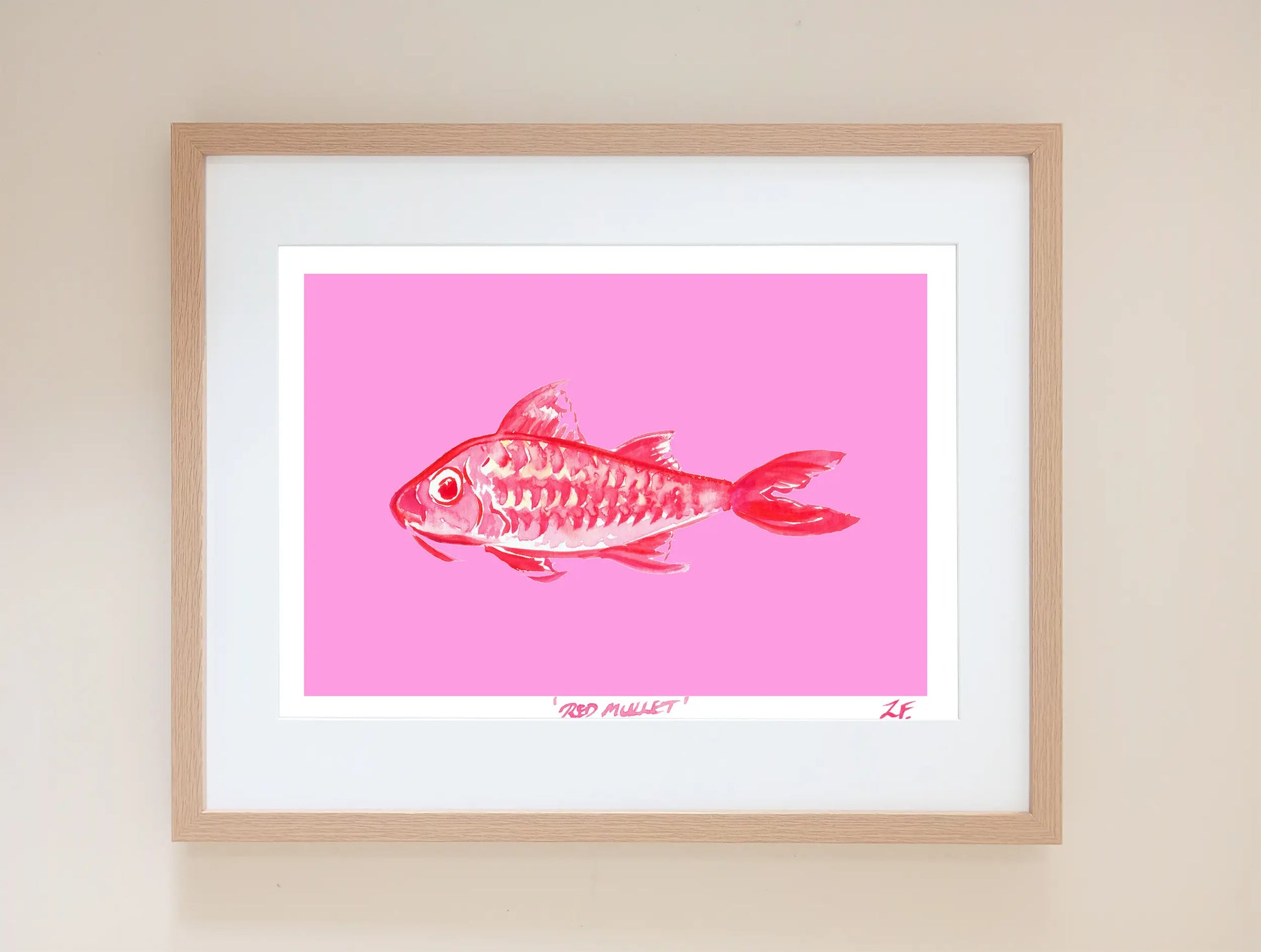 Red Mullet Fish print on bright pink background. UK made art.