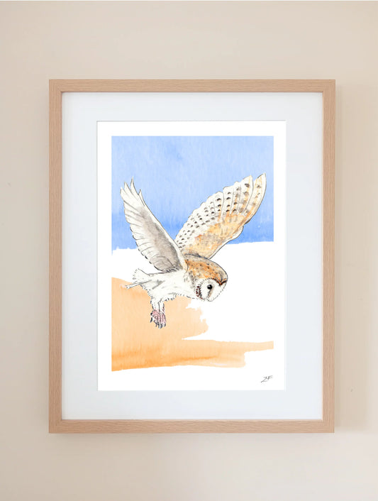 ZF Designs Barn Owl flying with abstract sky. UK Rutland Art Limited Edition Print 